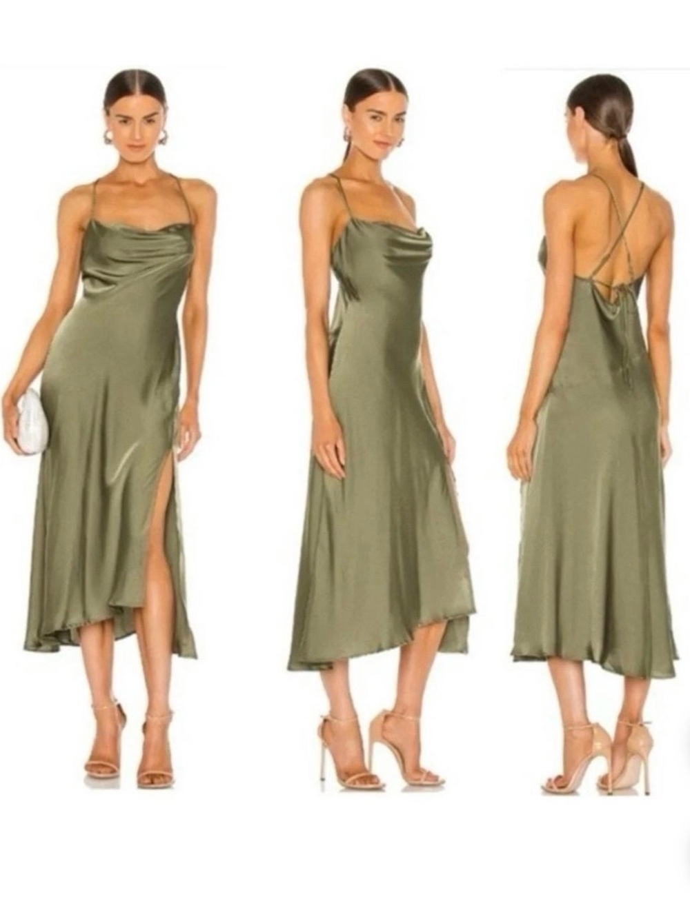 ASTR The Label Gaia Cowl Neck Satin Midi Dress Sage